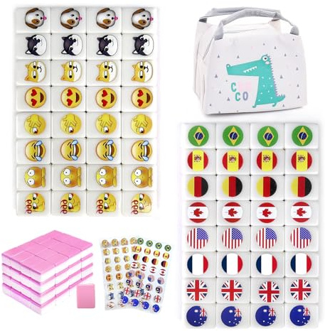 SILICPS Seaside Escape Game Blocks Mahjong Sets with 65 Tiles 30mm Flag and Emoji Pattern with Handbag for Spring Picnic Party Gift.