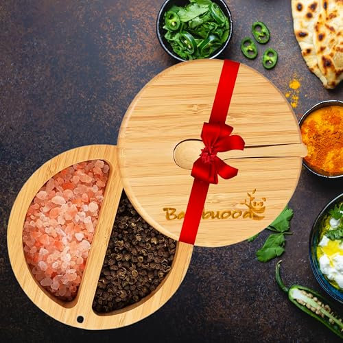 Bambuood Premium Bamboo 2 in 1 Salt Cellar with Swivel Magnetic Lid - 100% Handmade, Elegant Salt & Spices Storage Box and Multi-Use Container with Mini Spoon