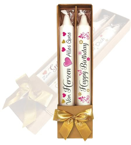2er Set Geburtstagskerzen Kerzen – Von Herzen, Alles Gute & Happy Birthday - in Geschenkverpackung mit Schleife | Sprüche auf Spitzkerzen Stabkerzen mit Tattoofolie im Geschenkset