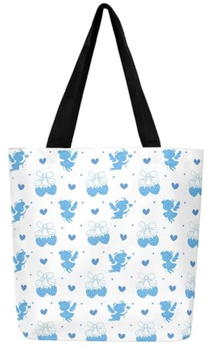 Loussiesd Blau Bogenknoten Leinwand Einkaufstasche Nette Erdbeere Tragetasche Träumende Prinzessin Stil Mädchenhaft Engel Frucht Stofftasche für Kawaii Bogen Handtasche