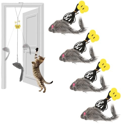 ZEPIQOR 4 Stück Katzenspielzeug Selbstbeschäftigung Hängende Trrahmen Katzenspielzeu mit Elastische Maus, Interaktives Dancer Katzenspielzeug Mäuse für Katzenauslauf und gegen Langeweile Interaktives