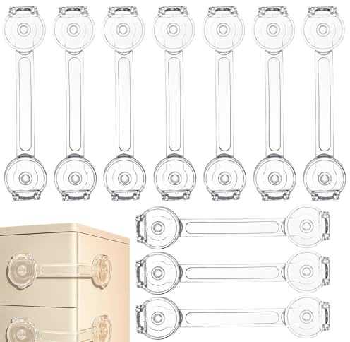10 pezzi di sicurezza per bambini in stile lungo, per armadi cassetti sicurezza per bambini serratura regolabile facile da usare e senza forare (trasparente)