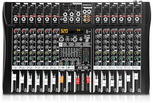 SOWOITIG 12-Kanal Audio Mixer Konsole mit 320 DSP-Effekten, Digitaler DJ-Mixer Professionelles Mischpult mit 7-Band-Equalizer, USB, Bluetooth, 48V Phantomspeisung & Mute-Taste für Aufnahme, Livemusik