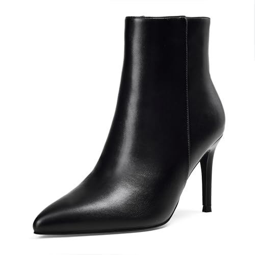 Elisabet Tang stylish fall winter heeled ankle boots for women 3.14 inch - Cute closed toe pointy stiletto booties for work party travel black 11