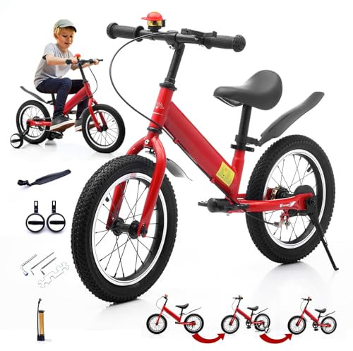ZQHQKJ 14 Zoll Laufrad ab 2-5 Jahre mit Bremse – 3-in-1 Balance Bike mit Stützrädern, Höhenverstellbarer Sattel, Ultraleichter Kohlenstoffstahl 7KG für Jungen & Mädchen,Rot