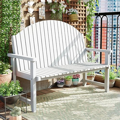 Gartenbank Holz für 2–3 Personen, Holzbank Rustikal mit Rückenlehne und Armlehnen, Gartenbank Wetterfest für Garten, Veranda, Hinterhof und Park, 500 kg Tragkraft(White,123x50x90cm/48x20x35in)