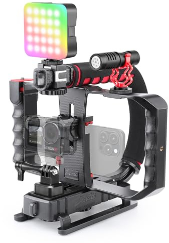Zeadio Smartphone-Kamera-Stabilisator, Tragbarer Handgriff-Handheld-Video-Rig mit RGB-Videolicht und Mikrofon, Kompatibel mit Allen Camcordern, Kameras, DSLRs sowie Allen Smartphones