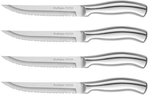 Ruffulon Steak Knives,Steak Knives Set of 4,Ultra Sharp Serrated Kitchen Knives with Ergonomic Handle,Stainless Steel Steak Knife Set,Multipurpose Dinner Knives,Dishwasher Safe,Rust-Proof