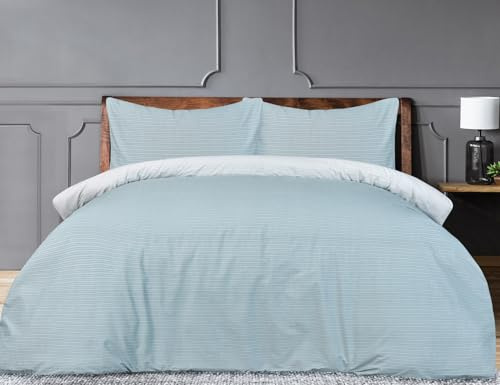 Luxury Pinstripe Blue Duvet Set, Super Soft & Cosy Easy Care Reversible 100% Polyester Microfibre Button Fastening Comfortable Bedding Set with Pillowcases, Double Duvet Cover Set: (200cm x 200cm)