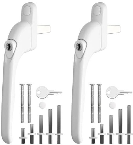 Kamtop Window Handle for uPVC Windows, Universal Espag Handles with Key, Aluminum Lockable Window Handle Inline Locking with 10, 15, 30, 43, 55mm Spindle (White, 2PCSxW)
