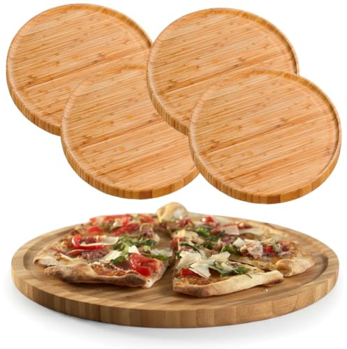 LS-LebenStil 4x XL Holz Pizzateller 32cm Rund FSC Bambus - Set 4 Stück - | Pizzabrett Servierbrett für Pizza, Flammkuchen, Käse Brotzeitbrett Schneidebrett Holzbrett Vesperbrett Holzteller groß