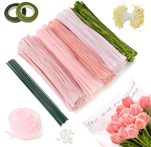 551 Pcs Pink Pipe Cleaner Flower Kit for Tulip Bouquets，Pipe Cleaners for Craft Flowers Chenille Stems Craft Supplies 5 Colors with Floral Wires Tape, Bouquet Packaging, Ribbon, Stamens, Beads, etc.