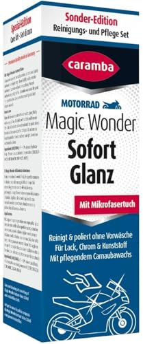 Caramba Magic Wonder Sofort Glanz, Reinigungs- und Pflegeset für Motorräder inkl. Mikrofasertuch, für Lacke, Chrom und Kunststoff, 250 ml