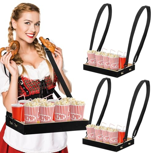 Marsui 2 Pcs Movie Night Snack Trays with Straps 15 x 11 x 2 Inch Wooden Vendor Usherette Popcorn Drink Beverage Carrier for 20's Theme Carnival Party Costume(Black)