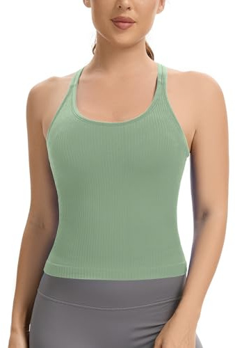 Lemef Ribbad tanktopp med inbyggd behå för kvinnor Racerback träningsmagtröja Slim Fit Yoga Atletisk Gymtröja, gRÖN, M