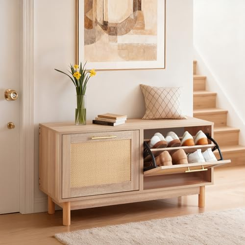 VEVOR Panca Portascarpe da Ingresso, Scarpiera con Panca Portascarpe 100x30x53 cm, Contenitore con 2 Cassetti, Scarpiera da 136 kg, 4 Scomparti e 2 Ante in Rattan, per Corridoio, Soggiorno