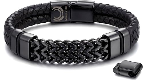 Mauro Vinci herrläderarmband svart – stållänkarmband svart Hera – 19 cm till 21,5 cm justerbar – med lyxförpackning
