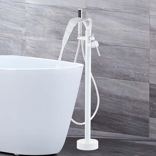 Robinet a Poser avec Douchette pour Baignoire Robinet Cascade Salle Bain Monotrou Mitigeur Baignoire Ilot Sur Pied,Blanc