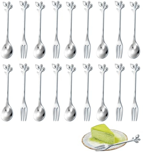KASESSS 16 Pack Stainless Steel Coffee Spoons and Cake Forks Set, Leaf Design Silver Polishing Teaspoons Fork, Dishwasher Safe Cutlery Set for Coffee, Dessert, Party, Kitchen Tableware Gifts