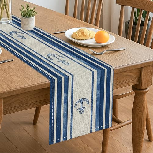Tischläufer mit maritimen Streifen, Vintage-Küstenanker-Design, für Sommerdekoration und Strandparty-Zubehör, 33 x 183 cm