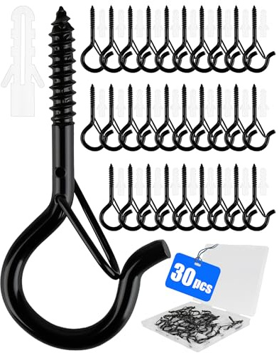 Acual Screw in Hooks, 30 Pack Heavy Duty Screw Hooks with Safety Buckle, Metal Wall & Ceiling Hooks for Hanging Plants, Bird Houses, Wind Chimes, String Lights, Black