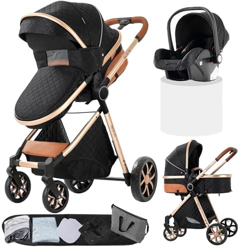 Passeggino combinato 3 in 1, bidirezionale con navicella, regolabile 105-180°, pieghevole semplice, 4 ruote (YV9-BLACKGOLD)