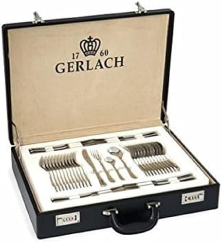 Gerlach Celestia Besteck-Set im Koffer 12 Personen Spülmaschinenfest Essbesteck Edelstahl Tafelbesteck Messer Gabel Löffel Teelöffel Kuchengabel Soßenlöffel Kuchenspachtel Gläzend Rostfrei 68 Stk