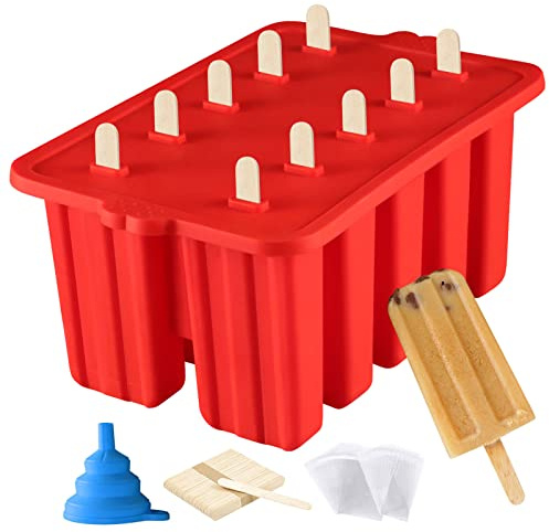 Silicone Popsicle Molds,10 Cavity Homemade ICE Popsicle Molds Food Grade BPA-Free with Popsicle Maker Sticks Popsicles Bags A Funnel,Popsicle Maker Popcycle Mold (Red-10 Cavity)