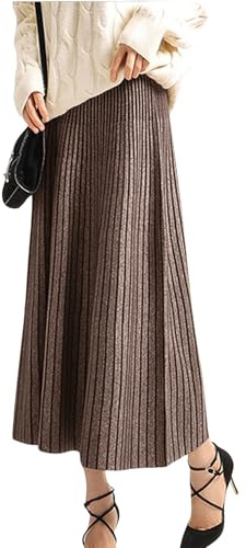 CHARTOU Women's Winter Reversible Stretchy Waist Knitted A Line Pleated Midi Skirt (Medium, Caramel)