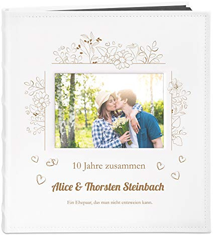 Maverton Fotoalbum zum Selbstgestalten mit Bildausschnitt & Aufdruck zum Jubiläum - Fotobuch zum Einkleben - 240 Fotos im Format 10x15-60 schwarze Seiten - Größe 33x30cm - Weiß - Hochzeitsgeschenk