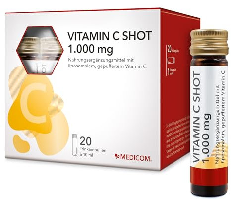 Medicom – Vitamin C Shot 1.000 mg, Liposomales & Gepuffertes Vitamin C im Trinkformat, Hochdosiert, Immunsystem & Energie, Kollagenbildung, Orangengeschmack, Vegan – 20 Trinkampullen
