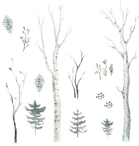 204 Wandtattoo Wald Aquarell - Birkenstämme Tannen Zweige Größe 2000 x 1120 mm - in 6 Größen - Kinderzimmer Sticker Wandaufkleber Wandsticker Wanddeko Wandbild