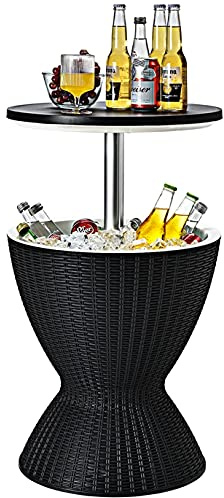 GOPLUS 30L Seau à Glacon pour Champagne Cocktail Boissons Vin, 3 en 1 Seau à Glace avec Bouchon de Vidange, 2 Hauteurs Réglables, Table de Refroidisseur de Glace en PP et Rotin Imité (Noir)
