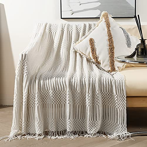 LumiSyne Gestrickte Decke Mit Quaste Einfarbig Blasenmuster Kuscheldecke Strickdecke Tagesdecke Überwurf Couchdecke Dekorative Decke Für Sofa Bett 170x130cm