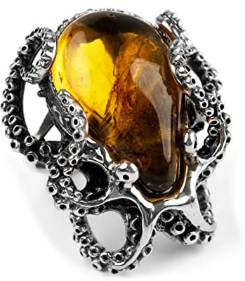 Solid Sterling Silver and Cognac Baltic Amber Octopus Adjustable Ring, Handmade Striking Ring, Statement Jewellery, Sea Lover Gift
