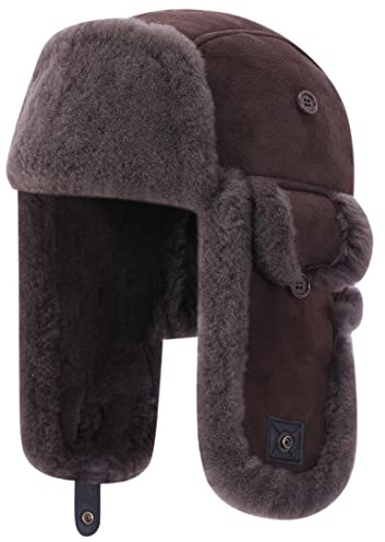 Harssidanzar lammskinn shearling vintermössa för män och kvinnor äkta läder, trappermössa, pilotmössa, hatt med öronlappar CU603EU, BRUN, S