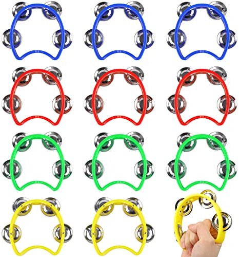12 Pack Plastic Percussion Tambourine Hand Tambourine Bells, Mini Percussion Tambourines Bulk Hand Held Percussion Drum Musical Rhythm Instrument for Adults Kids Party Supplies(4 Colors)