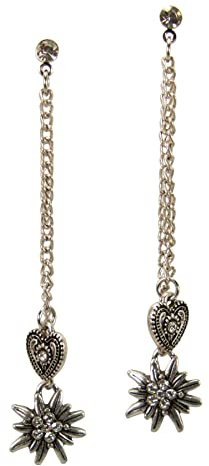 Alpenflüstern Trachten-Ohrstecker Edelweiss Trachtenherz hängend - Damen-Trachtenschmuck, Trachten-Ohrringe mit Strass-Steinen (antik-silber-farben) DOR058