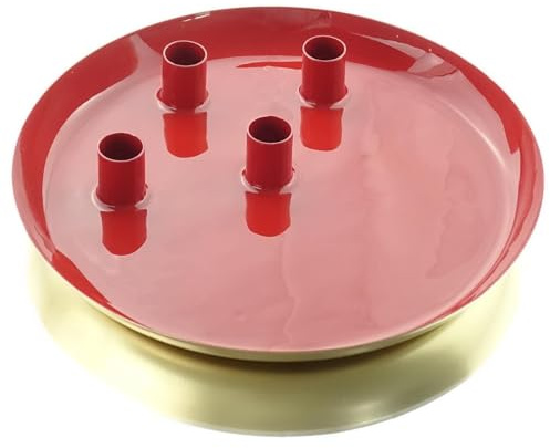 Weihnachtlicher Teller Rot glänzend 4 Feste Stabkerzenhaltern Ø 26 cm - Metall