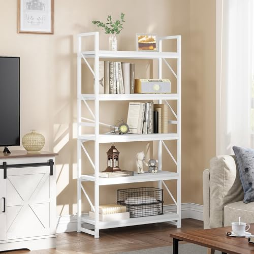YITAHOME Libreria, Scaffale per Libri Industriale Scaffale per Libri Autoportante Scaffale in Legno e Scaffale con Struttura in Metallo Espositore per Soggiorno, Ufficio in Casa, Bianco Puro