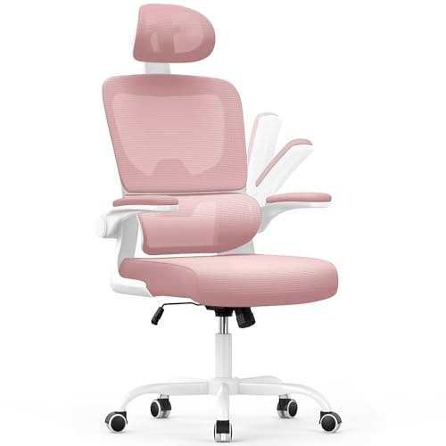 naspaluro Ergonomic Office Chairs, High Big Study Desk Computer Chair with Back Support, Adjustable Headrest and Flip-up Armrests Pink Work Chair, Swivel Comfy PC Mesh Office Chairs for Home Office