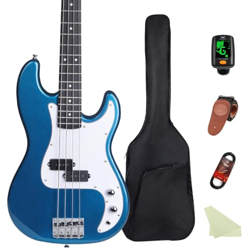 Bullstar Electric Bass Guitar 4 Strings Full-Size Standard Bass PB-Style Beginner Kit Black for Starter with Gig Bag Guitar Strap and Guitar Cable(PB-Blue)