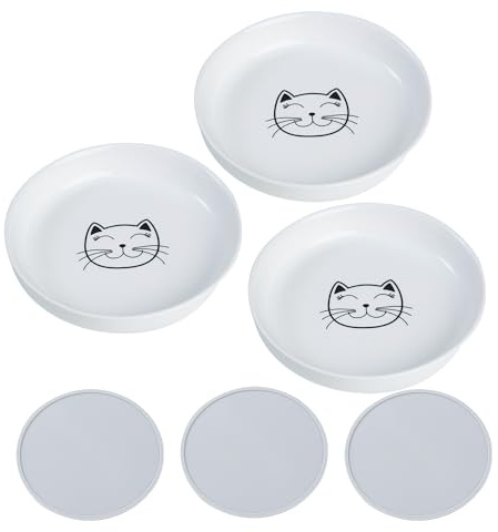 Lusifaco 3 Keramikteller für Katzenfutter mit Matte, weiß | Flach 15 cm Erhöhter napferhöhung mit Bambus ständer, Schnurrhaarfreundliche Fressnapf Kätzchen, Futterstation Katze