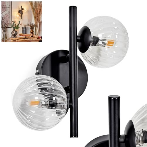 Wandleuchte Chehalis, Wandlampe aus Metall/Riffelglas in Schwarz/Klar, Leuchte im modernen Retro/Vintage-Design mit Schirmen aus Glas (Ø 10 cm) u. An/-Auschalter am Gehäuse, 2 x G9, ohne Leuchtmittel