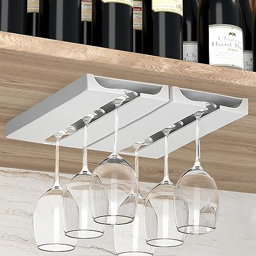 Vaisoeny Wine Glass Holder, 2 Pack Wine Glass Holder Under Cabinet (White) | No-Drilling Wine Glass Rack, Quick to Install with Multiple Mounting Options, Under Cabinet Wine Glass Holder for Stemware