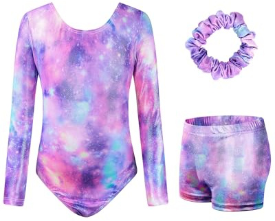 JiAmy Gymnastikanzug Mädchen, Turnanzug Turnshorts Haarband Set Turnanzug Leotard Set für 3-12 Jahre