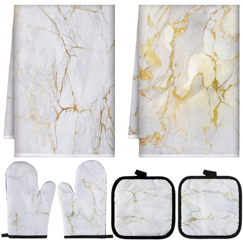 Sratte 6 Pcs Farmhouse Marble Kitchen Towels Pot Holders Oven Mitts Set 2 Dish Towels 2 Potholders 2 Cooking Mittens Oven Glove for Cooking Baking Grilling Supply (White, Gold)