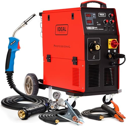 Ideal V MIG 330 4x4 - Soldador Inverter Profesional 330A 400V - Con 4 Rodillos y Chasis Rodante - MMA, Flux - Regulación de Inductividad - Modos 2T/4T, Euroconector