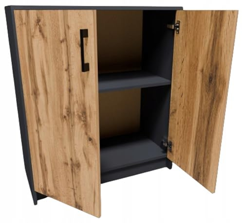 MATKAM Kommode 2-türig H B T 85 x 74 x 35 cm EIN Innenregal aus Holzwerkstoff Griffe in satinierter Metall-Optik Scharniere aus Metall (Grau-Wotan Eiche)