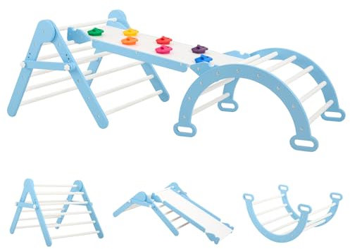 FUNLIO Faltbares Dreiecksset, Montessori-Kletterset mit Massivholz für Kleinkinder von 2-5 Jahren, verstellbares 3-in-1 Indoor-Spielgerät mit Bogen/Rutsche/Kletterfelsen/Dreieck - Blau